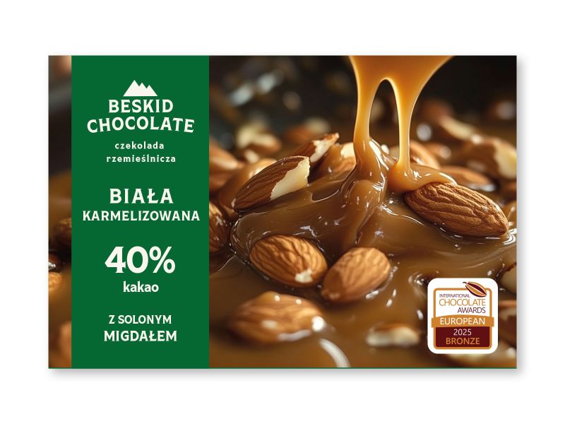 Czekolada biała 40% karmelizowana z solonym migdałem – aksamitna, złocista i chrupiąca