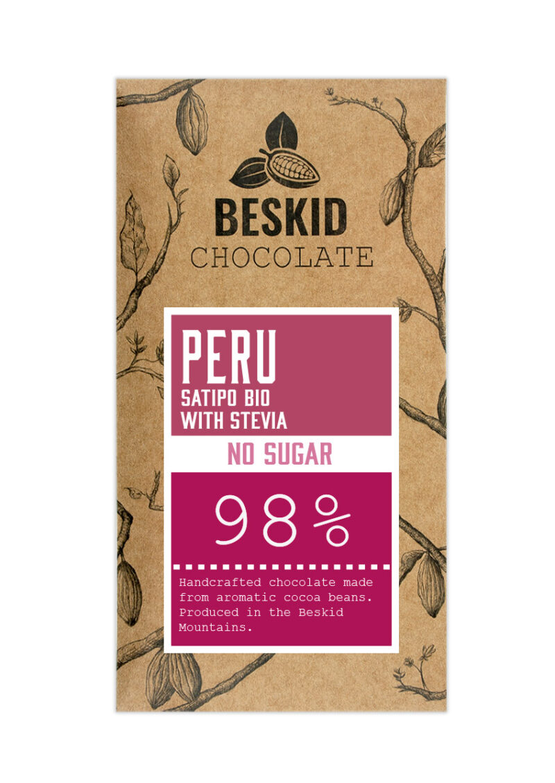 Czekolada Peru Satipo BIO z liśćmi stewii 98% ciemna bez cukru Czekolada Peru Satipo BIO z liśćmi stewii 98% ciemna bez cukru