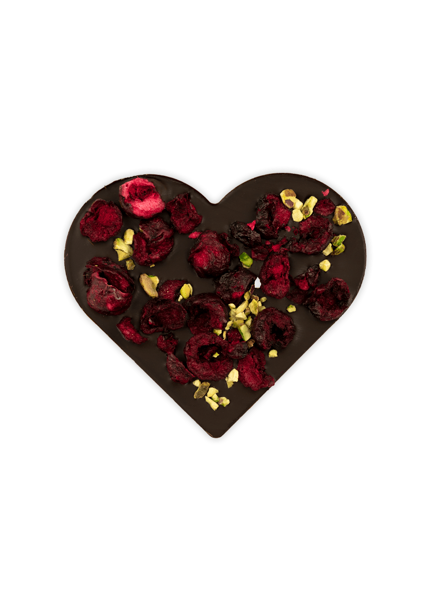 Serce z czekolady ciemnej z wiśnią i pistacjami