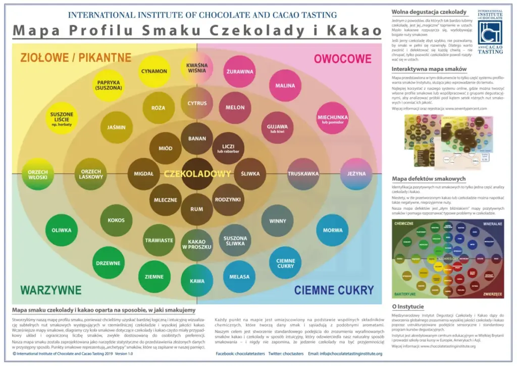 Szczegółowa mapa profilu smaku czekolady i kakao w formie koła sensorycznego, podzielona na szczegółowe kategorie aromatyczne takie jak nuty owocowe, warzywne, ziołowe i ciemne cukry