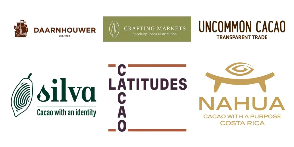 Logotypy sprawdzonych dystrybutorów kakao specialty z którymi współpracujemy: Daarnhouver, Crafting Market, Uncommon Cacao, Silva Cacao, Cacao Latitudes, Nahu Cacao