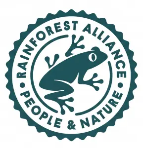 Logo certyfikatu Rainforest Alliance wspierającego zrównoważone rolnictwo na plantacjach kakao