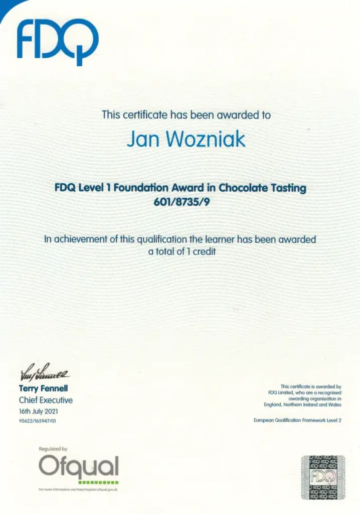 Oficjalny certyfikat ukończenia szkolenia Chocolate Tasting Certificate Level 1 wydany dla Janka przez International Institute of Chocolate & Cacao Tasting