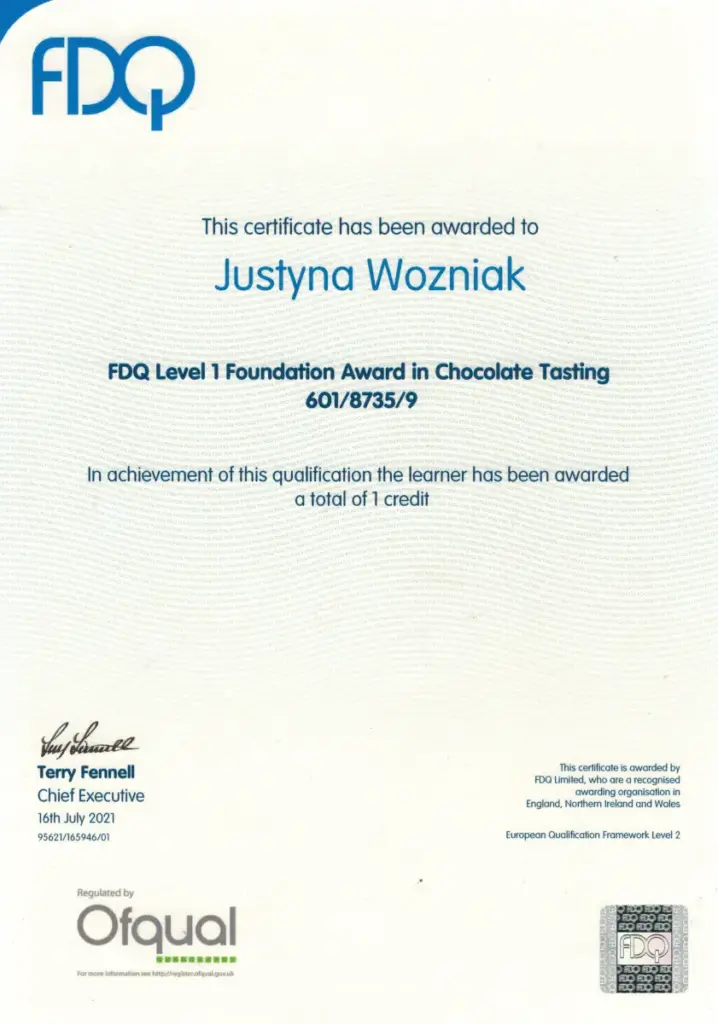 Oficjalny certyfikat ukończenia szkolenia Chocolate Tasting Certificate Level 1 wydany dla Justyny przez International Institute of Chocolate & Cacao Tasting
