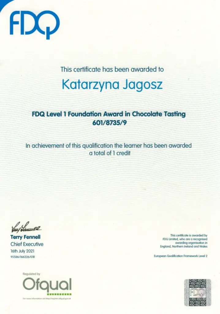 Oficjalny certyfikat ukończenia szkolenia Chocolate Tasting Certificate Level 1 wydany dla Kasi przez International Institute of Chocolate & Cacao Tasting
