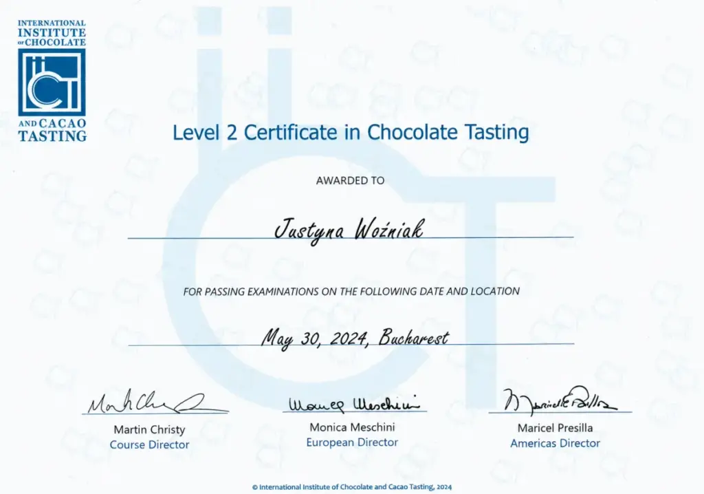 Oficjalny zaawansowany certyfikat ukończenia szkolenia Chocolate Tasting Certificate Level 2 wydany dla Justyny przez International Institute of Chocolate & Cacao Tasting