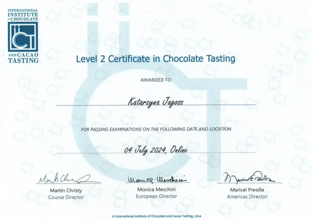 Oficjalny zaawansowany certyfikat ukończenia szkolenia Chocolate Tasting Certificate Level 2 wydany dla Kasi przez International Institute of Chocolate & Cacao Tasting